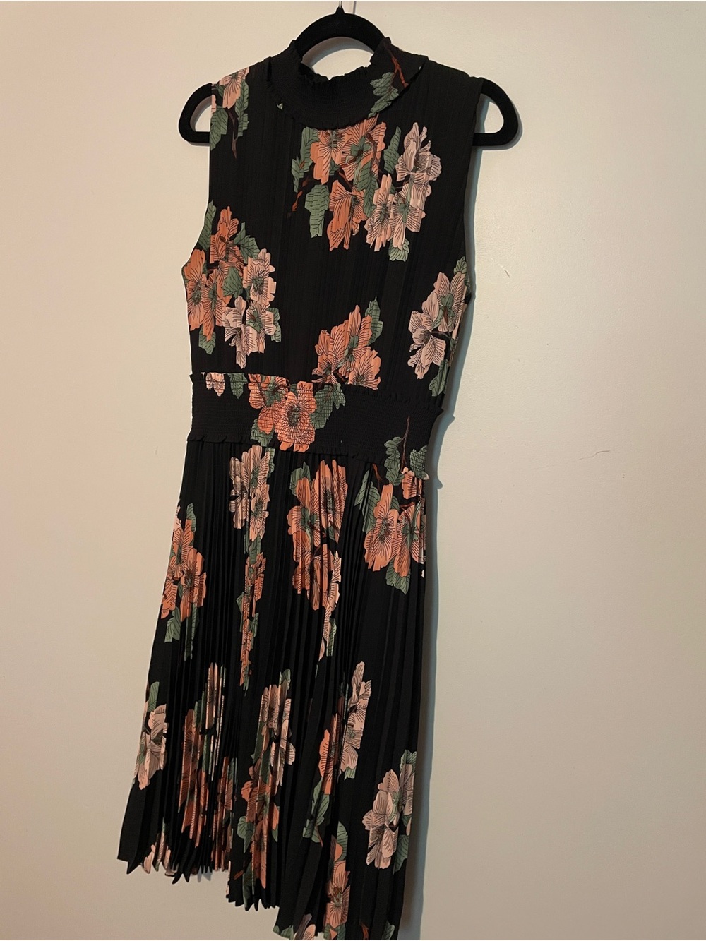 Sleeveless Black Floral Pleated Midi Dress - Peach & Green